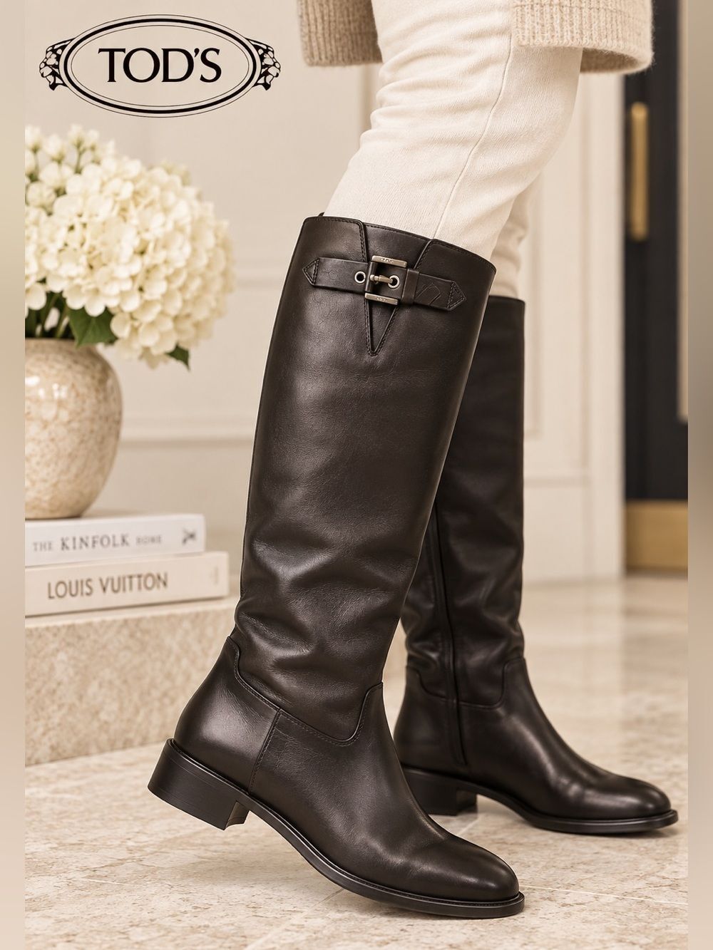 Tod’s Black Leather Riding Boots EU 38.5 US 8.5 Made in Italy Buckle Hardware